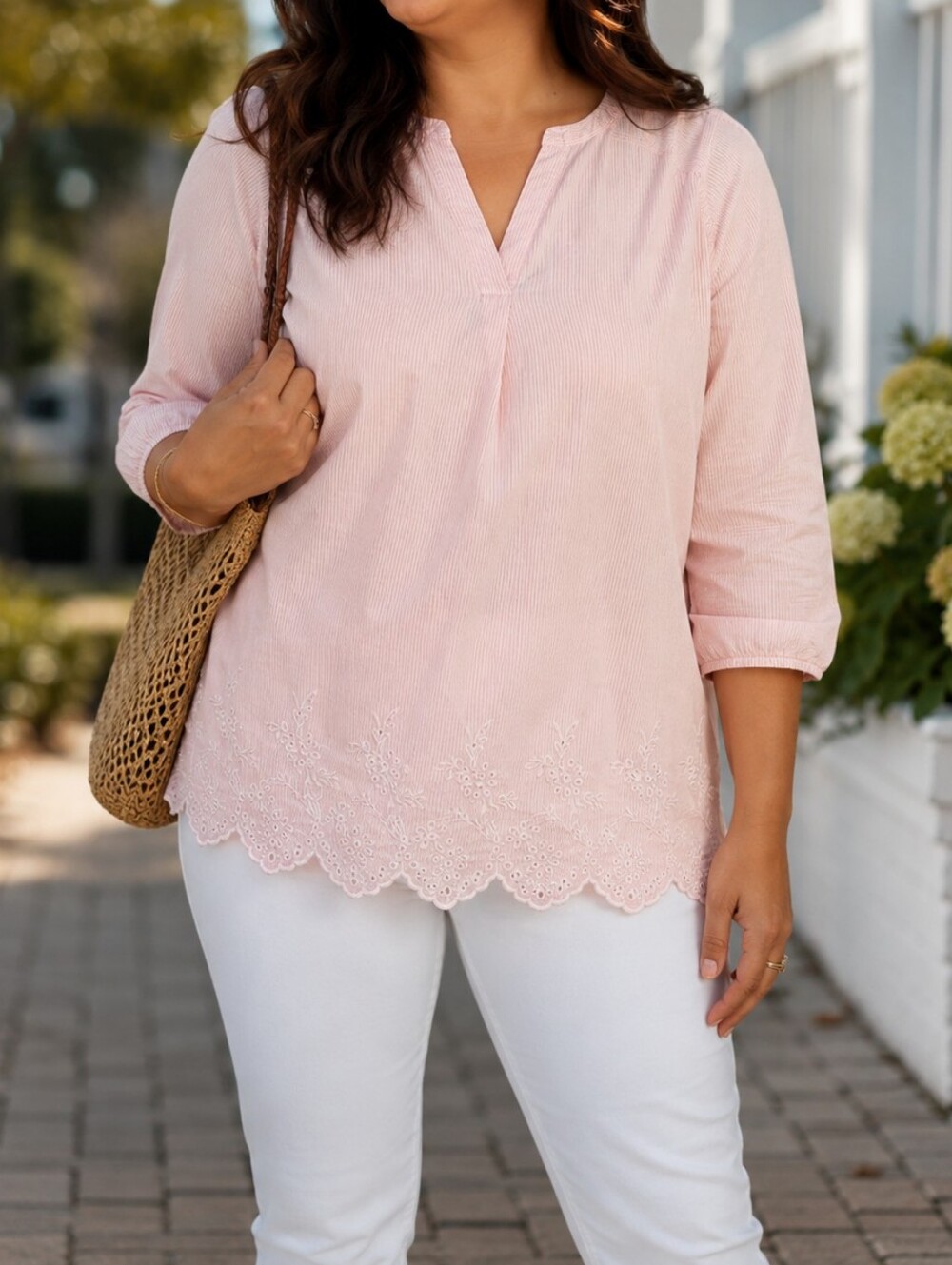 Croft & Barrow Blush Pink Cotton V-Notch Embroidered Scallop Hem Tunic Top